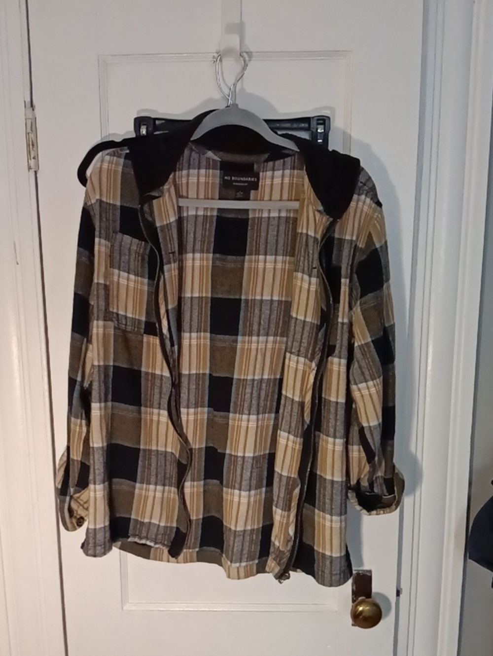 No Boundaries Plaid Hooded Button-Down Shirt Jacket - Tan & Black